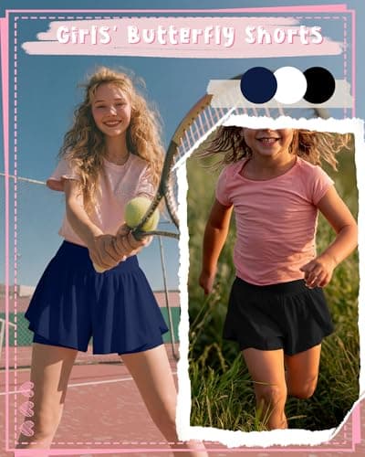 LessonZoo 3 Pack Girls Athletic Shorts Flowy 2 in 1 Skorts Quick Dry Tennis Shorts with Pockets, Back to School Sports Wear(Black, White, Navy Blue,11-12 Years) — view 2