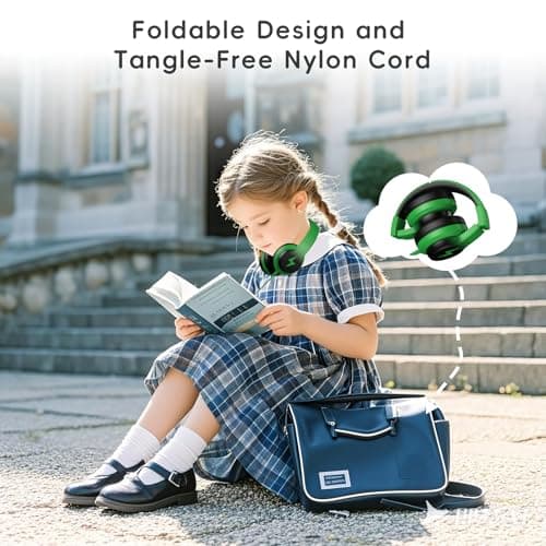 Candy Bila Kids Headphones for School, HD Mic Stereo Sound, 85/94dB Safe Volume, Foldable Wired Over Ear Headphones for Travel, Toddler, Boys, Girls, Tablet, iPad, 3.5mm Jack,Black and Green — view 6