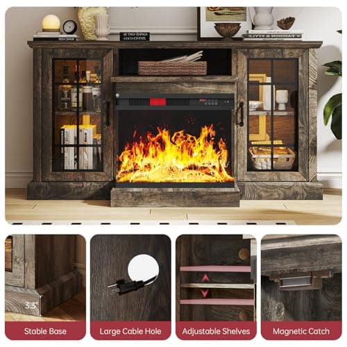 oneinmil 59" Fireplace TV Stand, 3 Sided Glass Media Entertainment Center Console Table for TVs up to 65" with Glass Door Adjustable Flame LED Color for Living Room, Set of TV Table, Grey — view 3