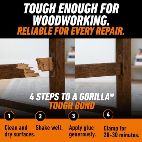 Gorilla Wood Glue, 8 oz., Water Resistant PVA Wood Glue for Indoor & Outdoor Projects, Fast Clamp, Natural Color, Paintable & Sandable — view 5