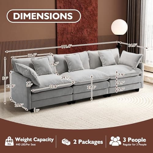 Ihanherry 111.4 Inch 3-Seater Cloud Sofa, Modular Sectional Couch, Modern Deep Seat Sofa for Living Room, Comfy Double Layer Upholstered Seat Cushion, Breathable Chenille Fabric, Grey — view 4