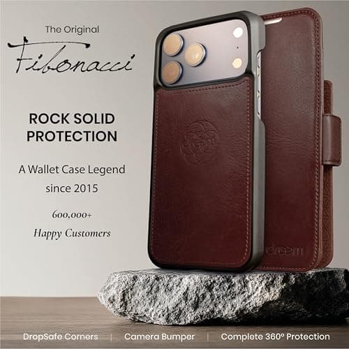 Dreem Wallet Case for iPhone 17 Pro Max, Revolutionary Vert/Hor Phone Stand, Magnetic Detachable Vegan Leather Flip Cover RFID Blocking Card Holder, MagSafe-Fit, Gift Box [Fibonacci: Coffee] — view 3