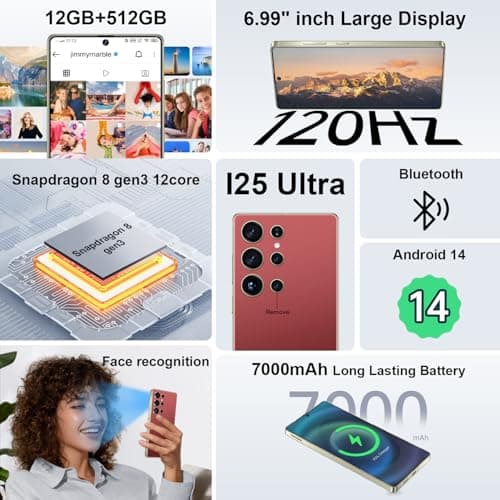 zrchjm I25 Ultra 5G Unlocked Smartphone,16GB+512GB 7000mAh Fully Cell Phone for Android 14, 6.99" HD Screen Unlocked Cell Phone, 68MP+108MP Dual Camera/Dual SIM/Fingerprint (Wine Red)