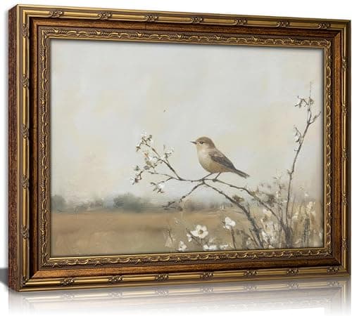 Vintage Gold Framed Bird Wall Art Spring Songbird on Floral Branch Painting Canvas Rustic Nature Woodland Picture Wall Decor Muted Farmhouse Print Artwork For Living Room Bedroom Entryway