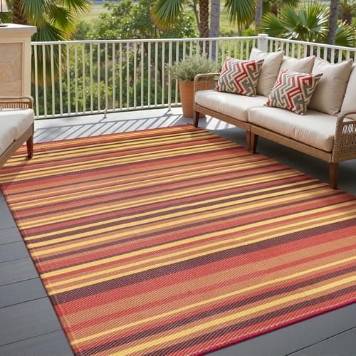 WondRg Outdoor Rug Patio Mat 5x8 Waterproof Plastic Straw Red Orange Stripe Tapis Exterieur for Camping Picnic Deck Washable Outside Carpet Balcony Backyard Porch RV Portable Reversible Lightweight