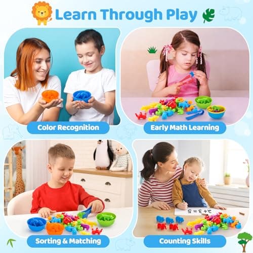 Counting Animals Matching Game for Toddlers, Montessori Sorting & Counting Toy with 36 Animal, 6 Sorting Bowls, 2 Tweezers and Storage Bucket, Fine Motor Preschool Learning Gift,Learning Activities — view 2