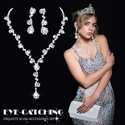 Meanplan 4 Pcs Silver Clutch Purse Jewelry Set for Women Rave Accessories Evening Rhinestone Purse Silver for Bride Wedding(Elegant Style)