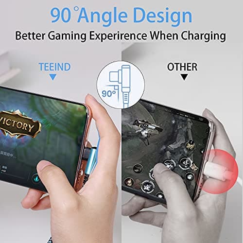 Teeind USB Type C Cable 2.1A Fast Charging: [90 Degree/6ft/3Pack] Nylon USB C Cord Right Angle Compatible with Samsung Galaxy S23/S22/9/Note 10, USB C Charger-Blue/Magenta/Purple — view 3