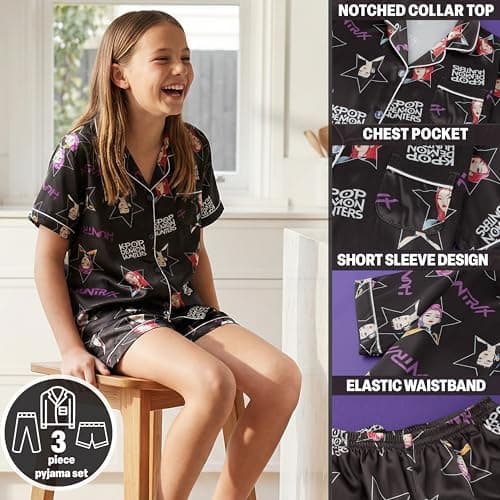 Get Trend KPop Demon Hunters Girls Pajamas Officially Licensed 3-Piece Huntrix PJs Set with Pants & Shorts, Satin Nightwear (5-6 Years, Black AOP) — view 3