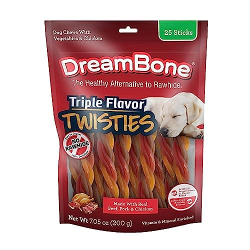 DreamBone Triple Flavor Twisties Dog Treats, Daily Rawhide-Free Chew, Digests Safely, with Real Protein, Beef, Pork, Chicken and Veggies, 25 Count