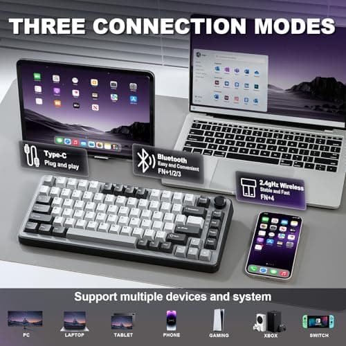YUNZII B75 PRO Wireless Mechanical Keyboard,75% Layout with Knob,Hot Swap Gasket Structure,Creamy Pre-lubed Switches,RGB Backlit,Bluetooth/Type-C/2.4G for Win/Mac(Dark Grey, Cocoa Cream V2 Switch) — view 2