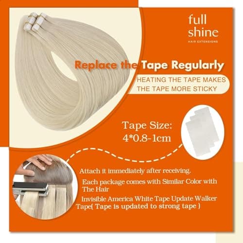 Full Shine Tape in Hair Extensions Human Hair 12 Inch Color 60 Platinum Blonde Adhesive Hair Extensions for Women 30 Grams 20 Pcs Tape in Extensions Real Human Hair Invisible Extensions — view 2