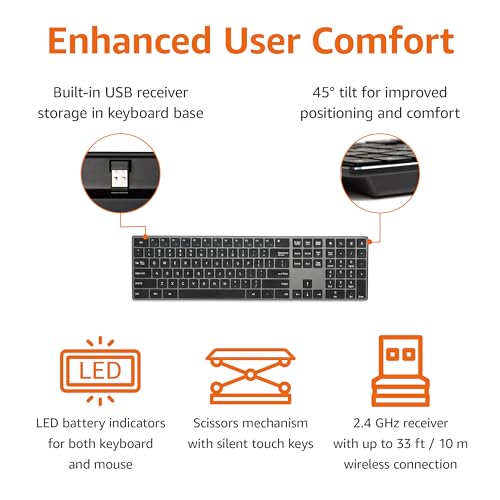 Amazon Basics Ultra Premium Wireless Keyboard and Mouse Combo, Rechargeable, Full-Size with Number Pad, Sleek Design, Plug and Play, Quiet Typing, 2.4GHz USB Receiver, Black — view 2