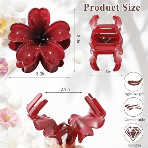 SMKSL 6 Pcs Flower Hair Claw Clips for Women Hawaiian Large Hair Clips for Thick Thin Curly Hair, Strong Hold & Non-Slip, Stylish Medium Beach Hair Accessories for Women Girls (Dark & Red) — view 2