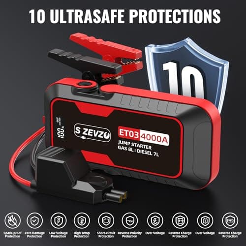 S ZEVZO ET03 4000A Car Jump Starter Jump Starter Battery Pack for Up to 8.0L Gas and 7.0L Diesel Engines, 74Wh Portable 12V Jump Box with USB Ports, LCD Display, Storage Case, and LED Light — view 4