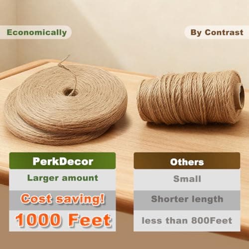 PerkDecor 1000FT Natural Jute Twine String Bulk Hemp Rope Cord for Crafts Gardening Gift Wrapping Wedding Décor Packing Material Burlap Ribbon Christmas Knitting Macrame Decoration (Brown 2mm* 1000ft)