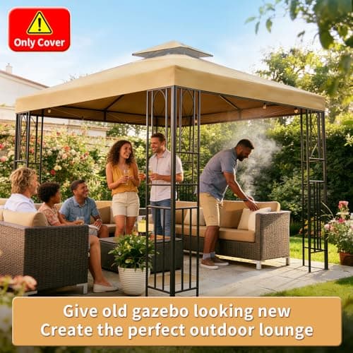 Gazebo 10'x10'Ft Canopy Replacement Top Cover,Waterproof UV50+ Patio Sun Shade Canvas with Two Tier Ventilated and Windproof Straps for Outdoor Backyard Garden(Only Top Cover，Khaki) — view 6