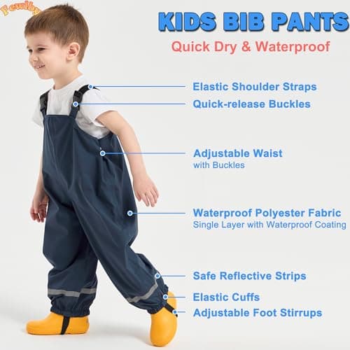 Fewlby Kids Rain Bib Pants, Toddlers Waterproof Suspender Dirty Proof Rain Wear for Boys and Girls Navy — view 2