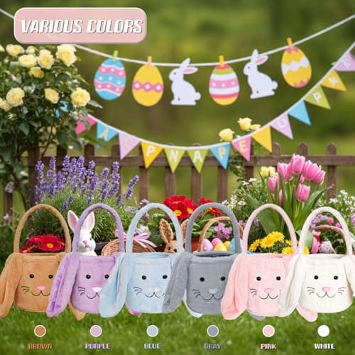 Easter Bunny Basket for Kids, Fluffy Easter Egg Hunt Bag Soft Fabric, Cute Rabbit Tote Bags with Long Plush Ear Easter Tote Bags for Candy Gifts Storage (Pink) — view 4