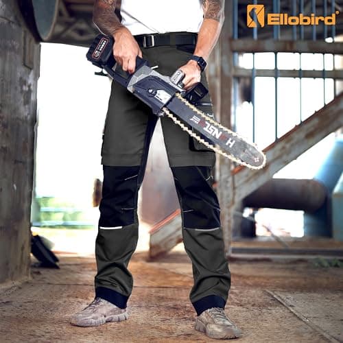 Ellobird Men's Construction Work Utility Pants Relaxed Fit Stretch Flex Cordura Double Knee Reinforcement Carpenter Cargo,(Blackened Pearl,36W x 34L) — view 2