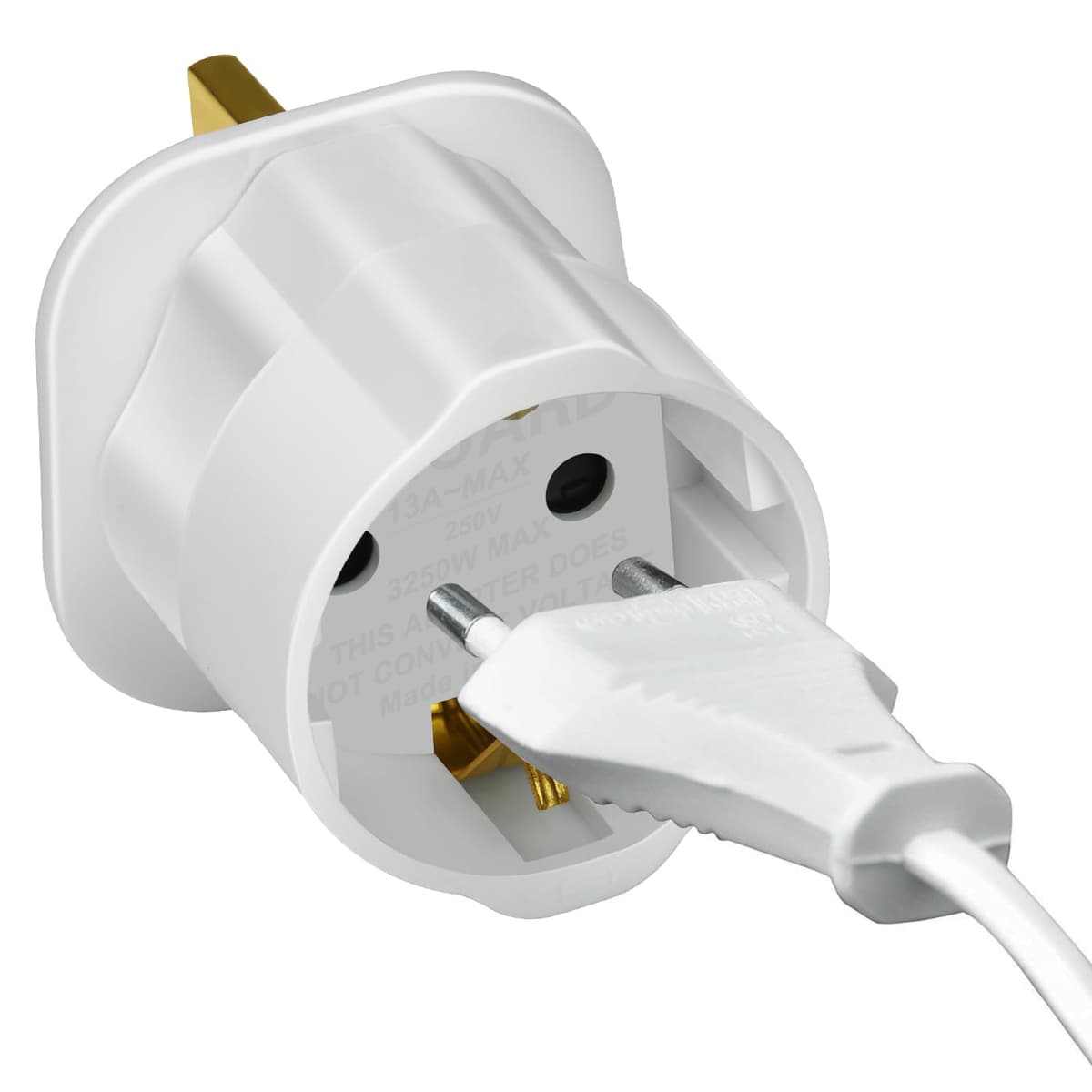VGUARD European to UK Plug Adaptor, BS8546 Certified Travel Adapter 2-Pin to 3-Pin, EU Schuko to UK Plug with 13A Fuse for Europe French Spanish German Turkish to UK Socket, 1 Pack - White — view 8