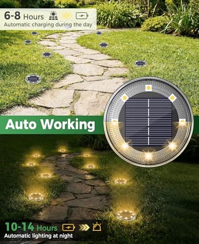 LOTMOS Solar Ground Lights Outdoor, 8 Pack 8 LED Garden Lights Solar Powered, Waterproof Pathway Disk Lights, Mini Puck Landscape Lighting for Pool Walkway Lawn Driveway Patio Yard, Warm White — view 2