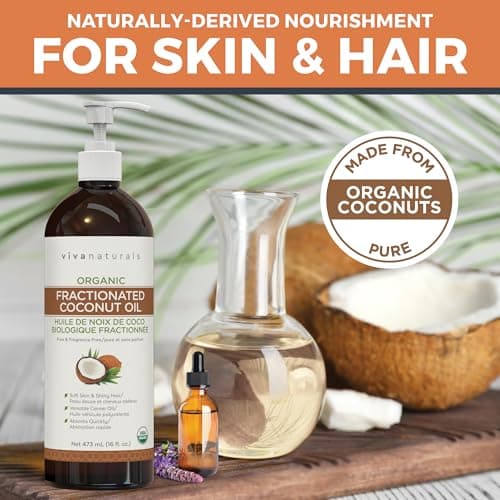 Viva Naturals Organic Fractionated Coconut Oil – Pure Massage Oils for Massage Therapy, Coconut Oil for Skin & Hair, Lightweight Carrier Oil for Essential Oils, 16 fl oz