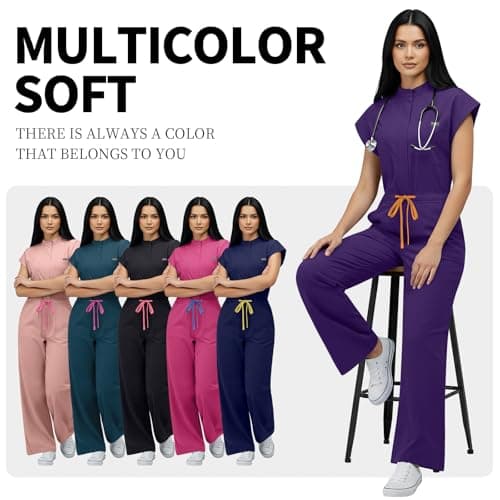 VIAOLI Women's Medical Scrub Jumpsuit - Mandarin Collar, with Drawstring Waist for Nursing Uniforms (S,Grape Purple) — view 6
