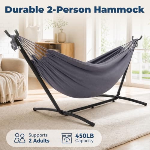 Hammock with Stand, Ohuhu Double Hammock with Space Saving Steel Stand & Pillow 2 Person Hammocks with Portable Carrying Bag for Camping Garden Patio Indoor Use Gift for Birthday, Grey — view 5