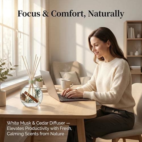 Cedar Wood & White Musk Essential Oil Reed Diffuser for Home&Office, Luxury Hotel Collection Diffuser Oil Inspired by Ritz Carlton, Bathroom,Bedroom&Living Room Shelf Decor,Non-Toxic & Gift Ready — view 3