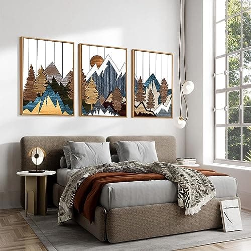 CHDITB Mountain Wall Art Set, Country Woodcut Wall Decor, Rustic Geometric Forest Pictures Artwork, Nature Landscape Wall Decor, National Park Framed Canvas Paintings For Living Room Bedroom 16"x24"X3 — view 2