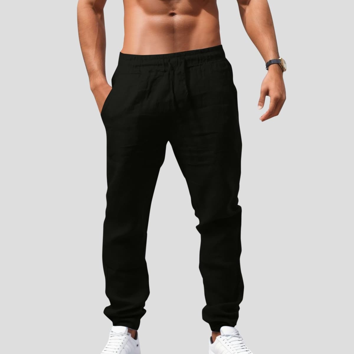 Men's Linen Pants Elastic Drawstring Pants Cotton Linen Breathable Solid Color Pants Casual Summer Pants Soft and Comfortable Men's Fitness Gym — view 2