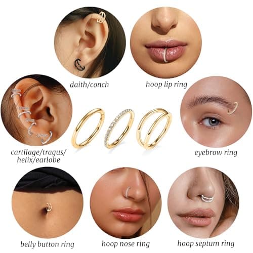20g Nose Ring Hoop Earrings Gold Nose Hoops with CZ Lip Rings Double Hoop Septum Hoop Seamless Septum Clicker 10mm Septum Ring Cartilage Helix Rook Earrings Conch Piercing Jewelry Surgical Steel — view 4