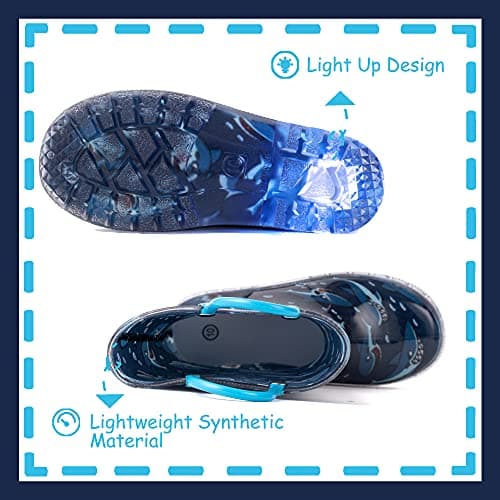 OUTEE Toddler Boys Rain Boots Little Kids Baby Light Up Printed Waterproof Mud Shoes Blue Shark Lightweight Rubber Adorable with Easy-On Handles Non Slip (Size 9,BLue) — view 2