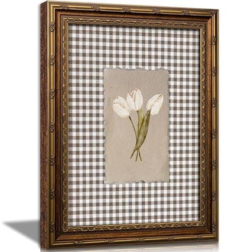 RLZIEWPT Vintage Gold Framed Wall Art, Cottagecore White Tulip Flowers Picture Wall Decor, Brown Gingham Botanical Print Artwork, for Living Room Bedroom 9x11 in