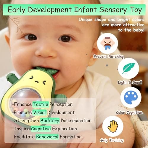 Baby Rattle Teething Toys Silicone Avocado Teething Mitten Sensory Toys for Grasping Chewing Sucking Hearing Needs-Baby Teether for Teething Relief-BPA Free Infant Toys Baby Shower Gifts (Green) — view 6