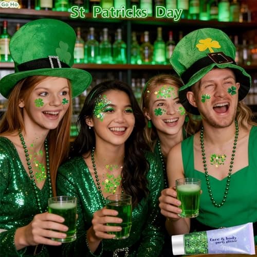 Go Ho Shamrock Face Body Glitter,St Patricks Day Hair Glitter Makeup,Self Adhesive Holographic Green Chunky Sequins Glitters,Irish Festival Four Leaf Clover Green Accessories