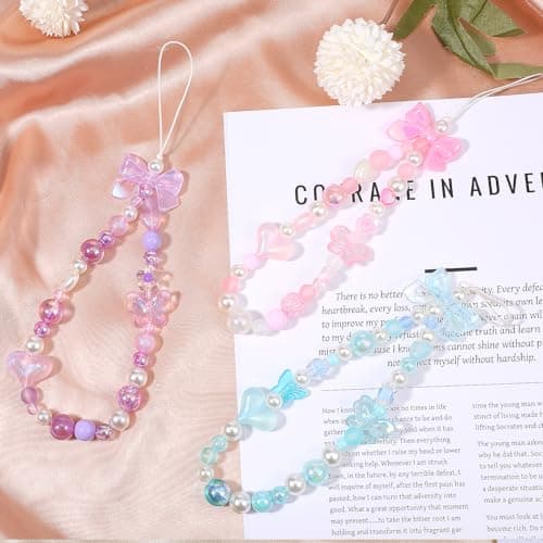 Beaded Phone Charms Strap, 3 Pcs Camera Charm Strap Wristlet Keychain Butterfly Flower Heart Bow Lanyard Chain Cute Lanyard Wrist Straps Cellphone Charm for Phone Case, Wallet (Pink, Purple, Blue) — view 5