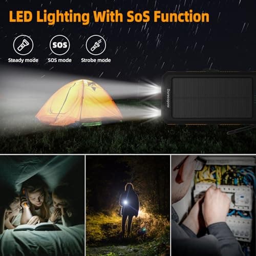 Durecopow Solar Charger Power Bank 20,000mAh, Portable Charger, 4 Cables 3 Ports Fast Charging External Battery Pack with USB C for Cell Phones, Solar Panel Charger with Dual Flashlight for Camping — view 4
