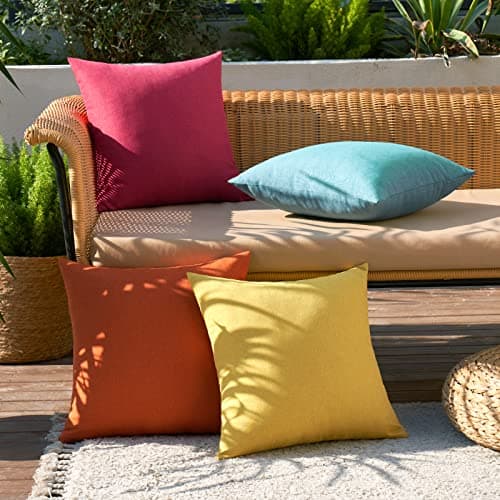 MIULEE Pack of 4 Decorative Outdoor Solid Waterproof Throw Pillow Covers Linen Garden Farmhouse Cushion Cases for Patio Tent Balcony Couch Sofa 18x18 inch Red/Turquoise — view 2