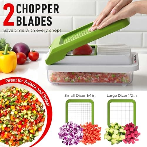 Mueller Vegetable Chopper, Mandoline Slicer, Food Veggie Chopper, Cheese Grater, Onion Vegetable Cutter with Container, Dicer, Kitchen Gadgets & Essentials, White Sand/Green — view 3