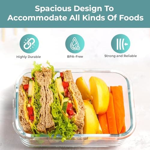 Razab 35 Pc Set Glass Food Storage Containers with Lids - Meal Prep Airtight Bento Boxes BPA-Free 100% Leak Proof (15 lids,15 glass & 5 Plastic Sauce/Dip Containers) — view 4