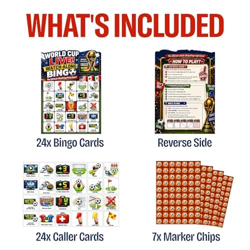 Jester Fiesta World Cup Watch-Along Bingo Game 24 Players – Soccer Party Game - Live Match Bingo Cards, 2026 World Cup Watch Party Supplies, Caller Chips & 470 Marker Chips