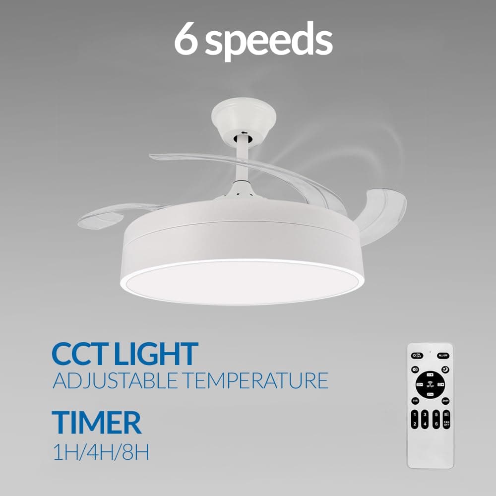 M mimotec - Ventilador de Techo con luz Led Messe 72W Blanco, Mando a Distancia, Bajo consumo, motor DC, 6 velocidades, Silencioso ,4 Aspas desplegables, función verano-invierno, temporizador — view 3