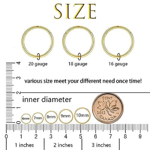 5pcs Hypoallergenic Nose Rings 20G 18G 16G 316L Surgical Steel Earrings Tragus Septum Piercing Nose Hoop Lip Rings Helix Cartilage Rook Earrings for Women Men 6/7/8/9/10mm (5PCS 20G Gold)