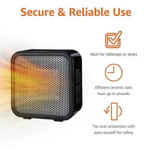 Amazon Basics Ceramic Portable Mini Space Heater for Office Desk, Indoor Use, Fast Heating, Energy Efficient, 500W, With Tip-Over Protection, Lightweight 1.4 lbs, Black, 5.87"D x 3.15"W x 5.95"H