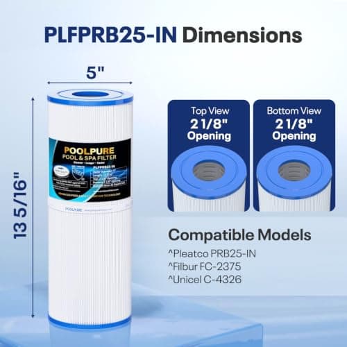 POOLPURE PLFPRB25-IN Hot Tub Filter Replace Unicel C-4326, Guardian 413-106, Filbur FC-2375, FC-2370, 3005845, 17-2327, 100586, 33521, 25392, 817-2500, 5X13 Drop in Spa Filter 2 Pack