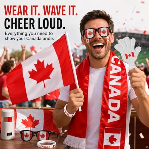 Canada Soccer Fan Gear Set - 6-Piece Red & White Supporter Kit: 3x5ft Flag, Scarf, Hand Clapper, Face Paint, Fan Glasses & Silicone Bracelet - Perfect for 2026 Match Day & National Celebrations — view 2
