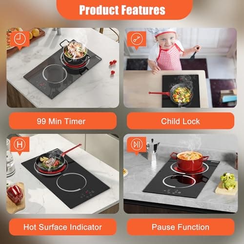 Jessier Electric Cooktop 12 Inch - 2 Burner Countertop & Built-in Ceramic Cooktop, Electric Stove Top with Glass Protection Metal Frame, 9 Heating Level, 3000W, 220-240V Hard Wire(No Plug) — view 4
