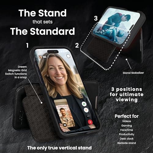 Dreem Wallet Case for iPhone 17 Pro Max, Revolutionary Vert/Hor Phone Stand, Magnetic Detachable Vegan Leather Flip Cover RFID Blocking Card Holder, MagSafe-Fit, Gift Box [Fibonacci: Black]